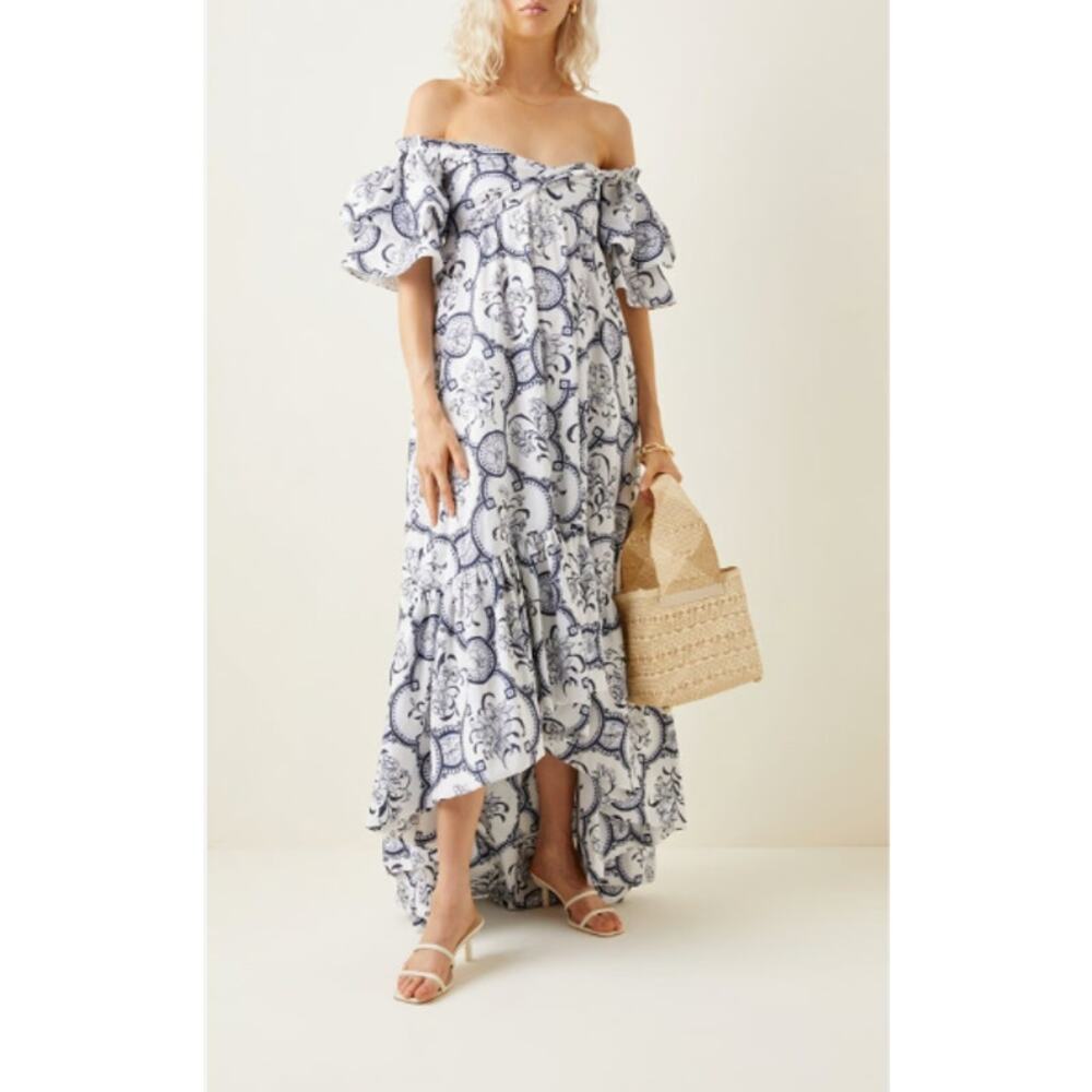 Andres Otalora Raquira Off The Shoulder Printed Cotton Maxi Dress Blue Size 6